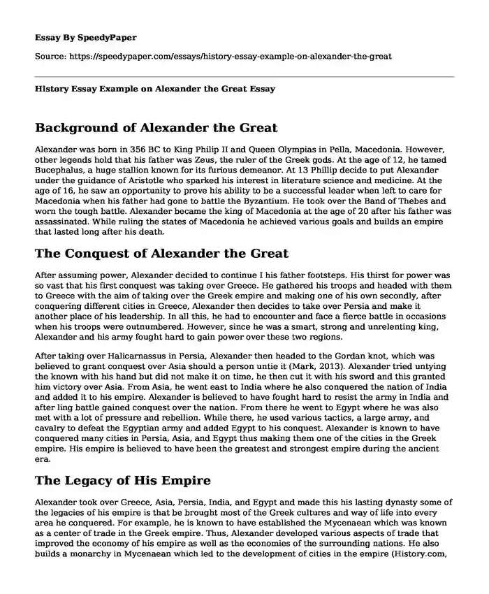 History Essay Example on Alexander the Great