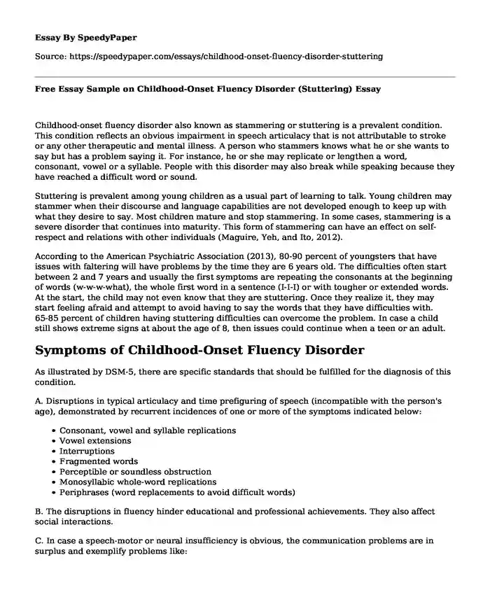 Free Essay Sample on Childhood-Onset Fluency Disorder (Stuttering)