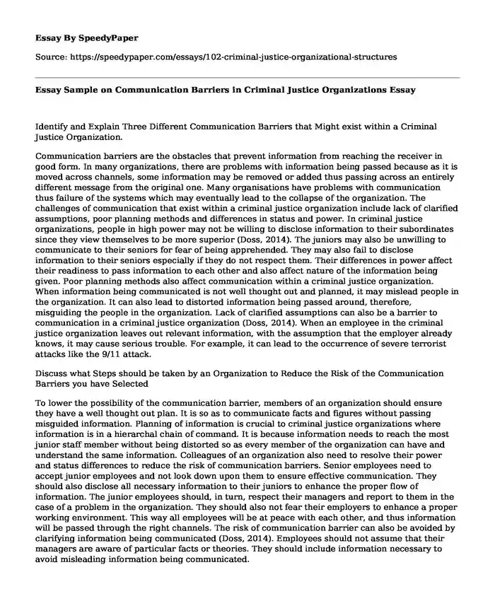 Essay Sample on Communication Barriers in Criminal Justice Organizations