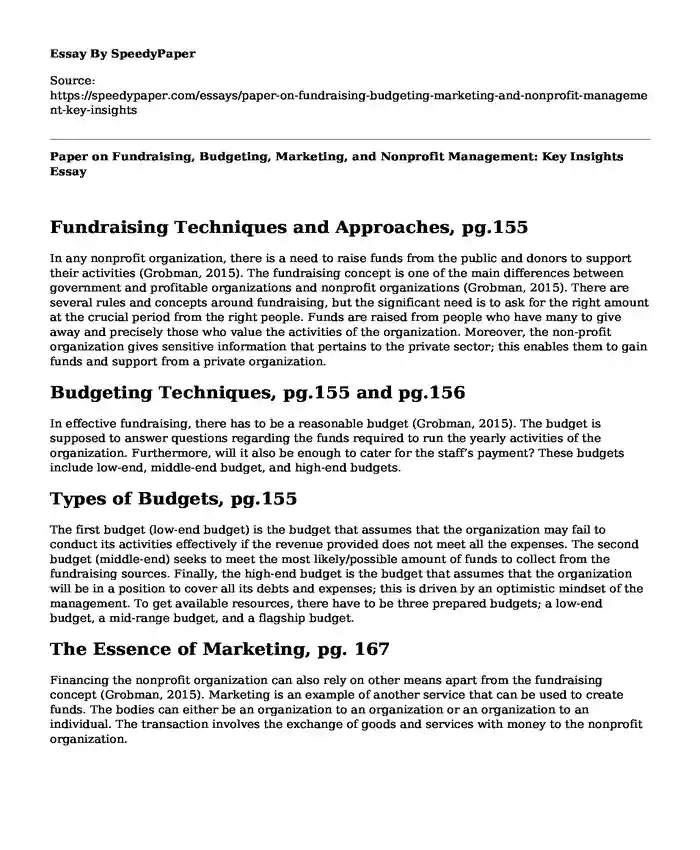 Paper on Fundraising, Budgeting, Marketing, and Nonprofit Management: Key Insights