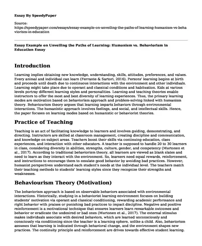 Essay Example on Unveiling the Paths of Learning: Humanism vs. Behaviorism in Education