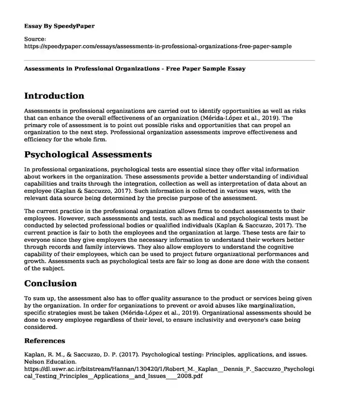 Assessments in Professional Organizations - Free Paper Sample