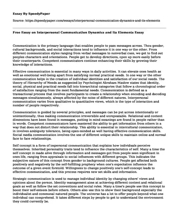 Free Essay on Interpersonal Communication Dynamics and Its Elements