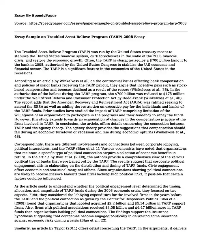 Essay Sample on Troubled Asset Relieve Program (TARP) 2008