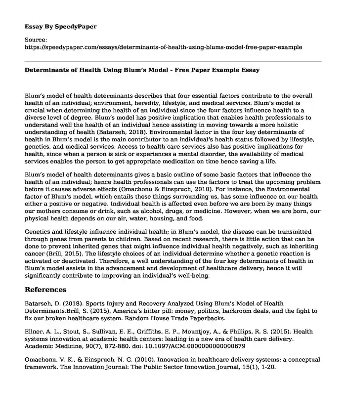 Determinants of Health Using Blum's Model - Free Paper Example