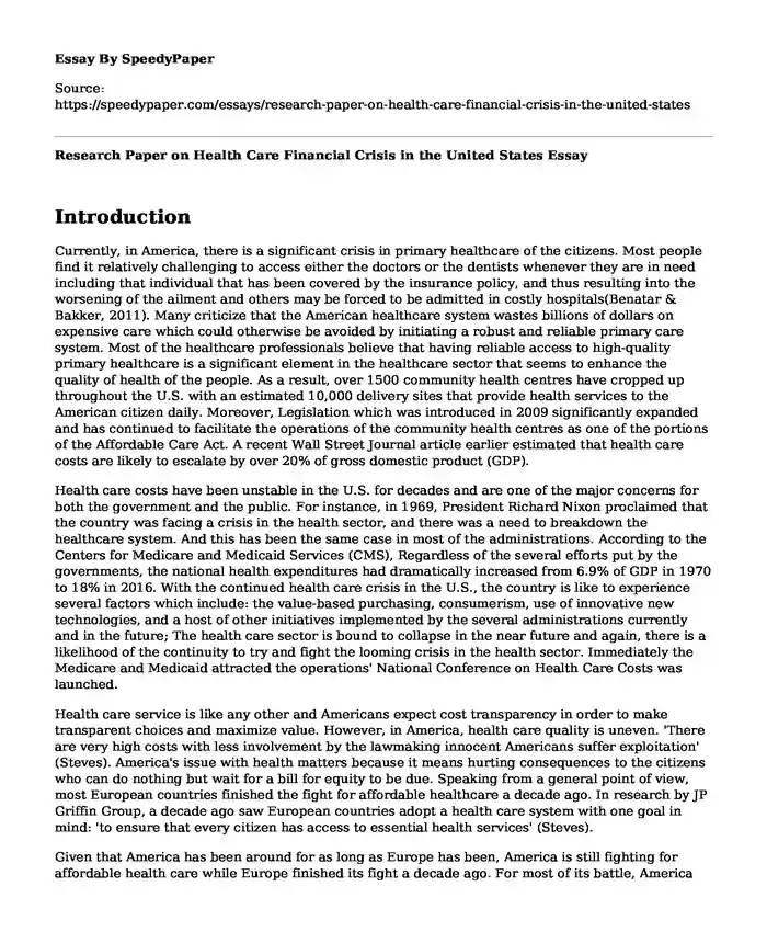 Research Paper on Health Care Financial Crisis in the United States