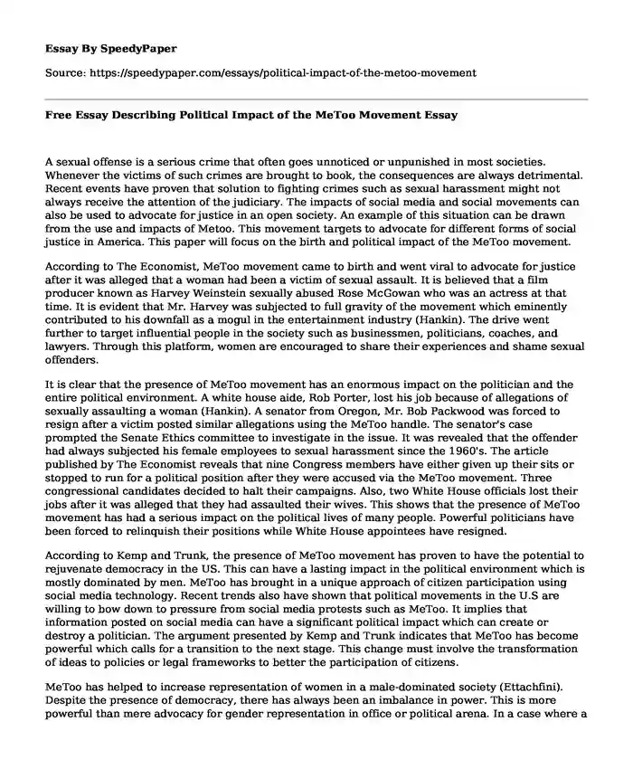 Free Essay Describing Political Impact of the MeToo Movement