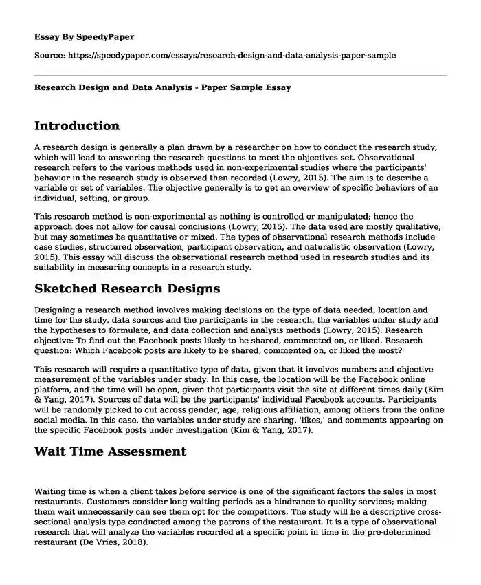 Research Design and Data Analysis - Paper Sample