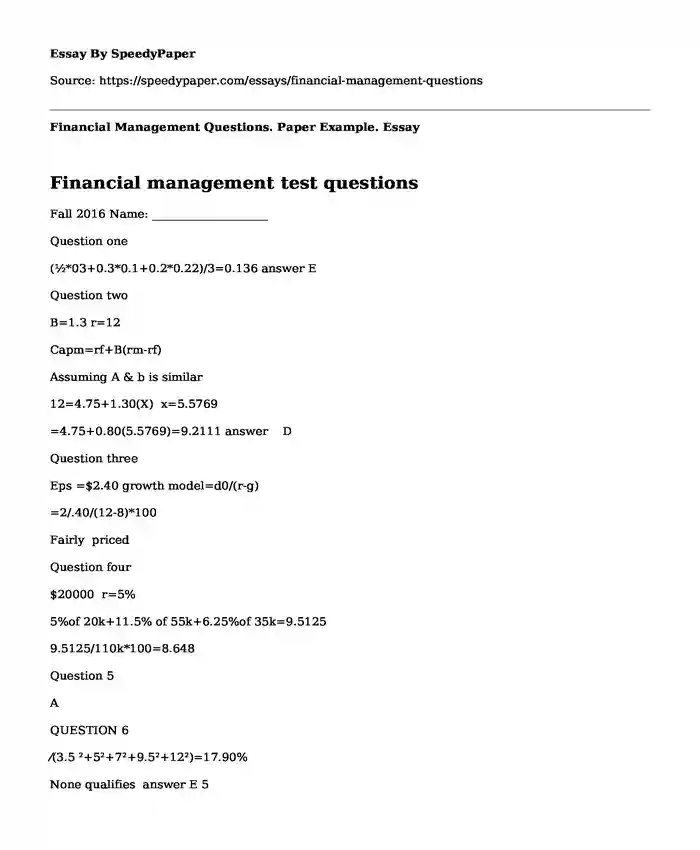 Financial Management Questions. Paper Example.