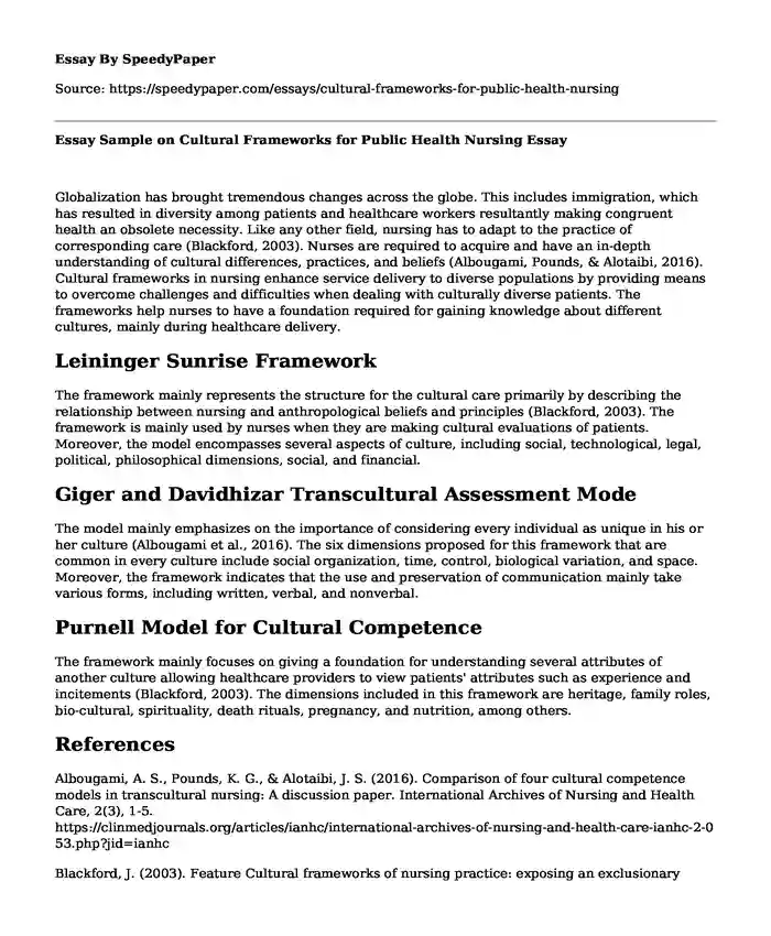 Essay Sample on Cultural Frameworks for Public Health Nursing