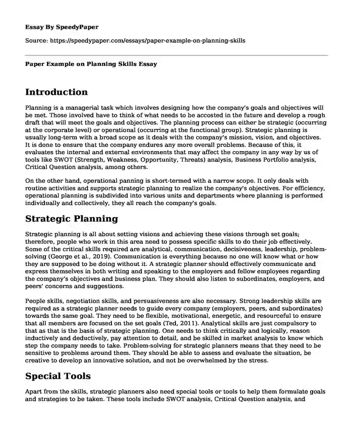 Paper Example on Planning Skills