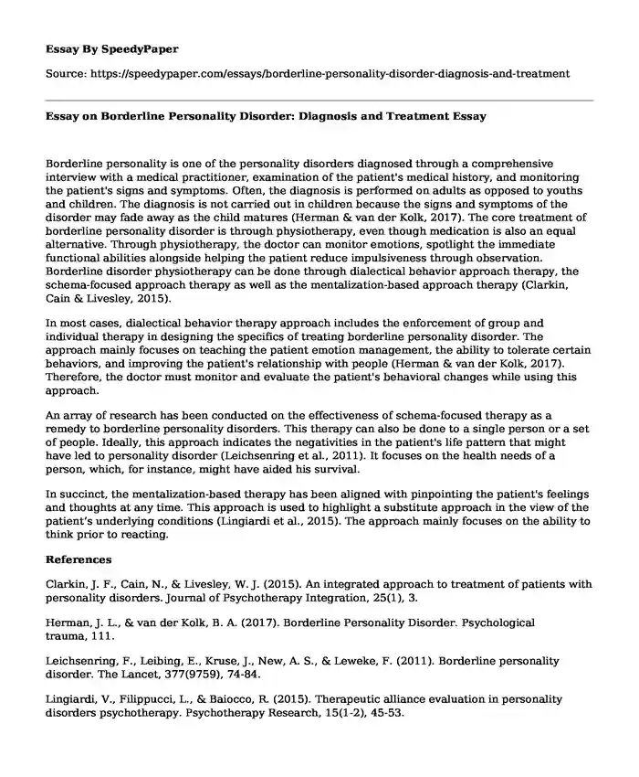 Essay on Borderline Personality Disorder: Diagnosis and Treatment