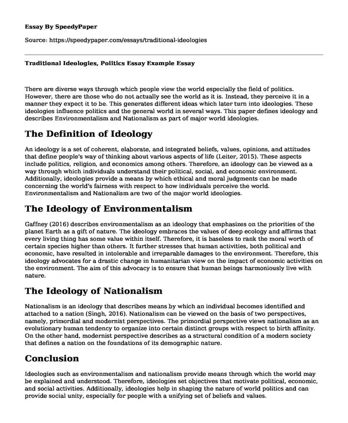 Traditional Ideologies, Politics Essay Example