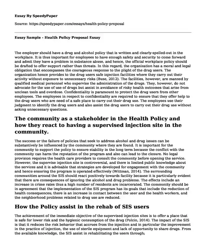 Essay Sample - Health Policy Proposal