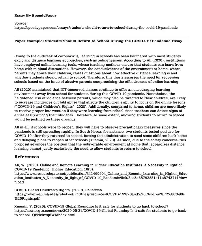 Paper Example: Students Should Return to School During the COVID-19 Pandemic