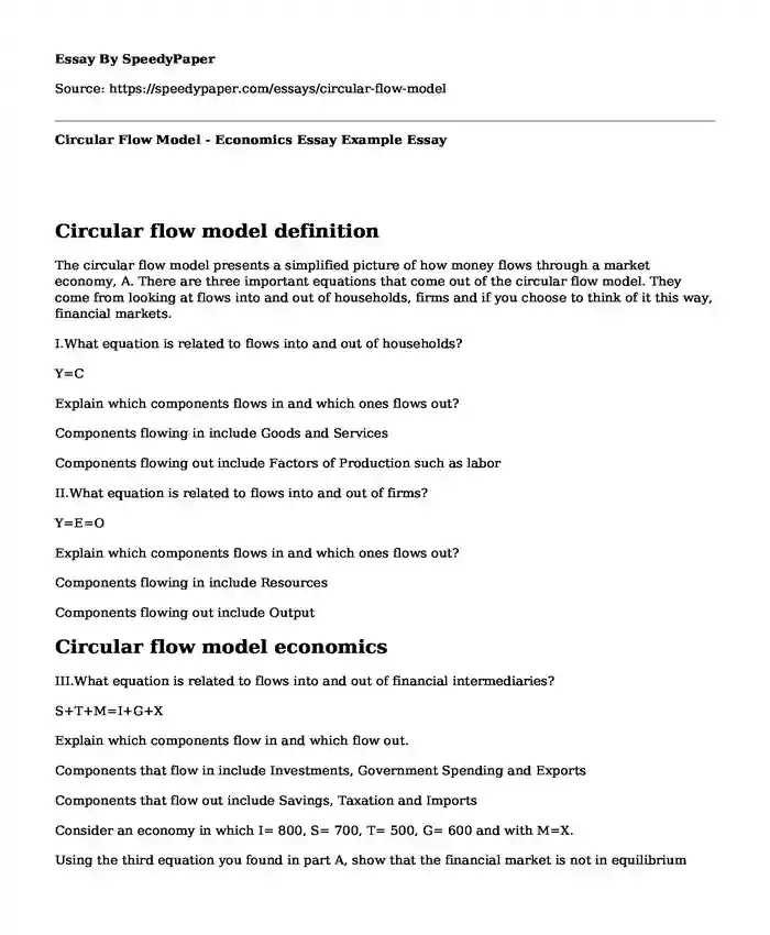 Circular Flow Model - Economics Essay Example