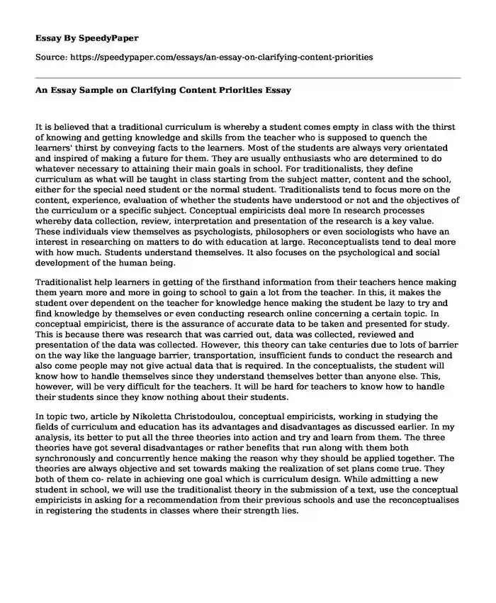 An Essay Sample on Clarifying Content Priorities