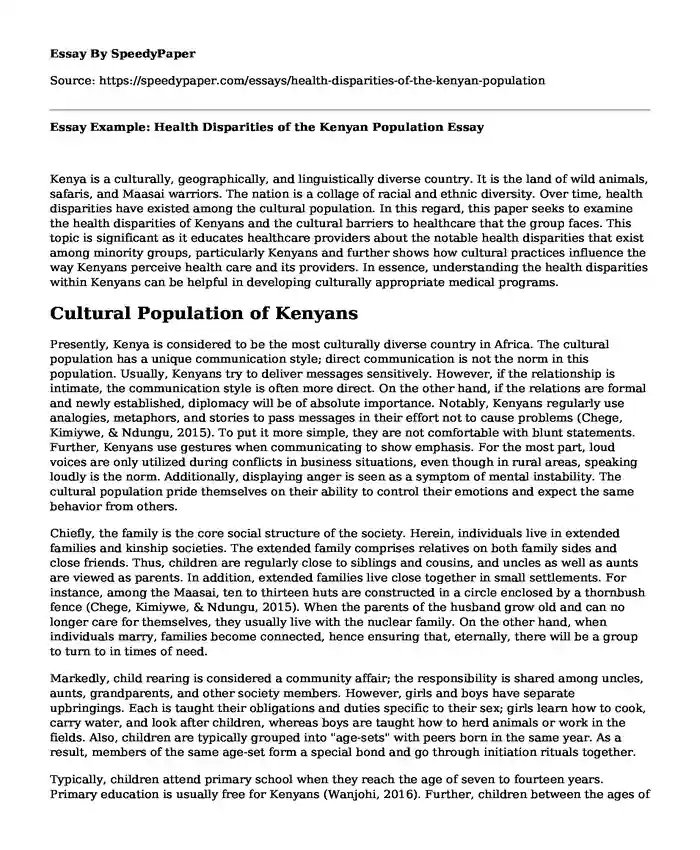 Essay Example: Health Disparities of the Kenyan Population