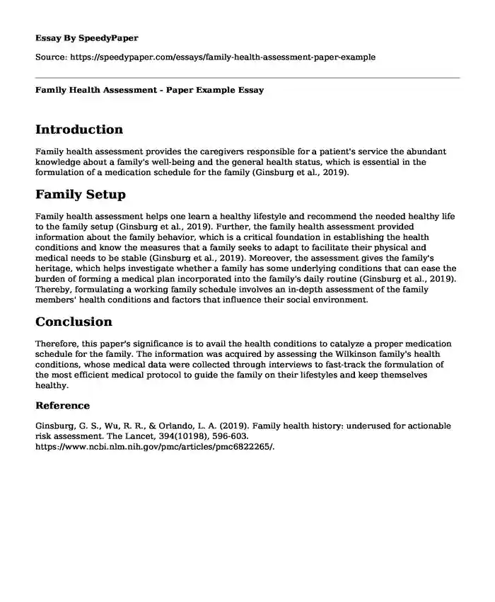 Family Health Assessment - Paper Example