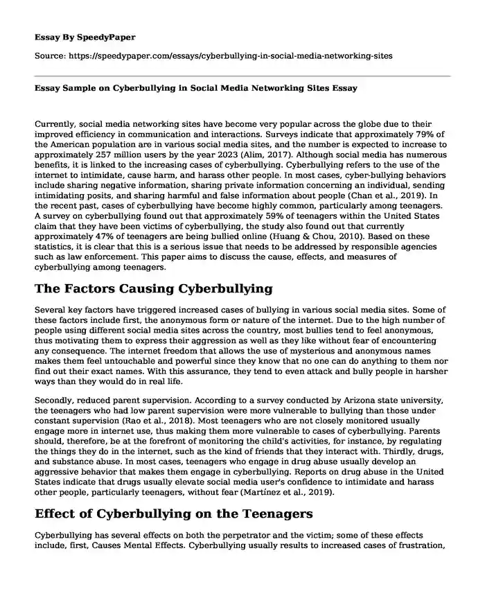 Essay Sample on Cyberbullying in Social Media Networking Sites