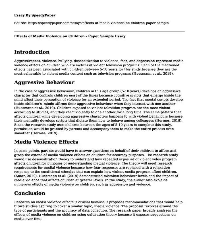 Effects of Media Violence on Children - Paper Sample