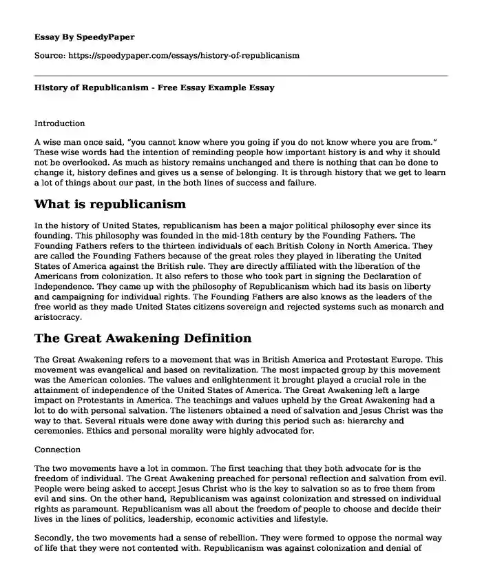 History of Republicanism - Free Essay Example