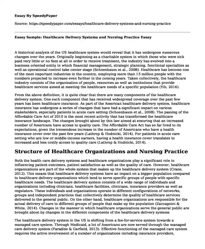 Essay Sample: Healthcare Delivery Systems and Nursing Practice