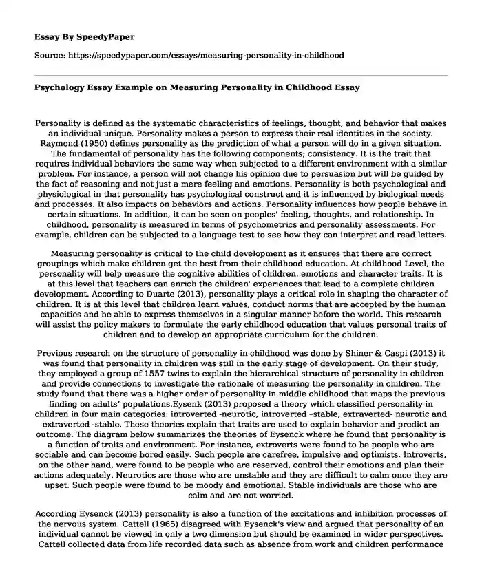 Psychology Essay Example on Measuring Personality in Childhood