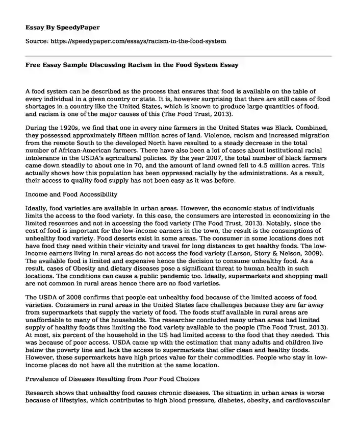 Free Essay Sample Discussing Racism in the Food System