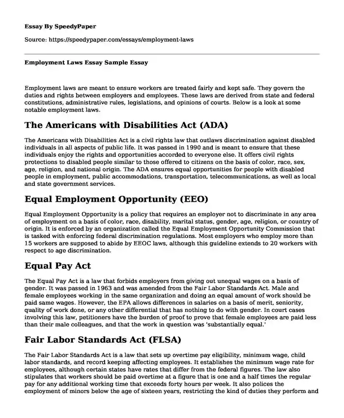 Employment Laws Essay Sample