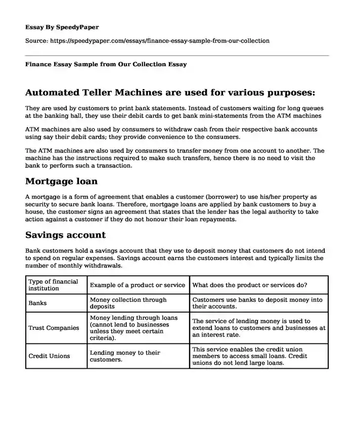 Finance Essay Sample from Our Collection