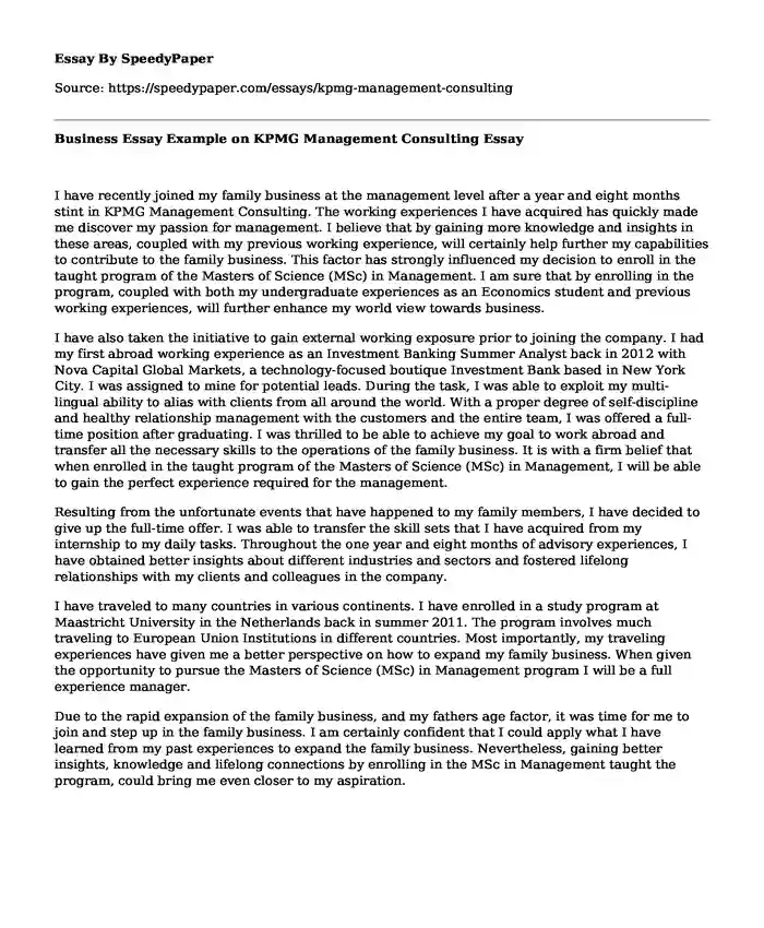 Business Essay Example on KPMG Management Consulting