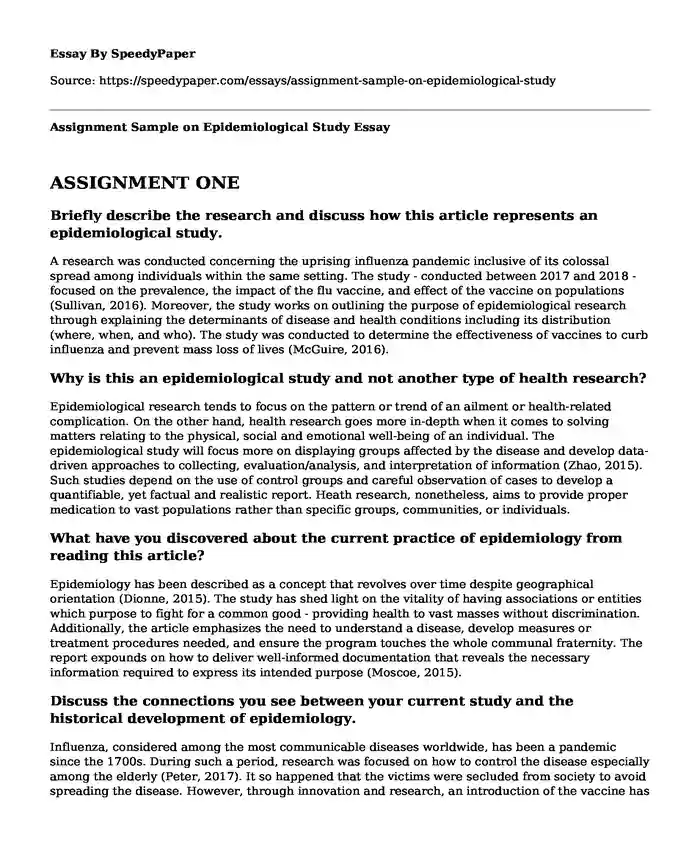 Assignment Sample on Epidemiological Study