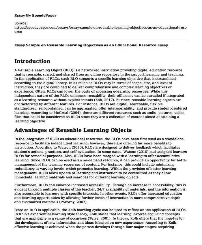 Essay Sample on Reusable Learning Objectives as an Educational Resource