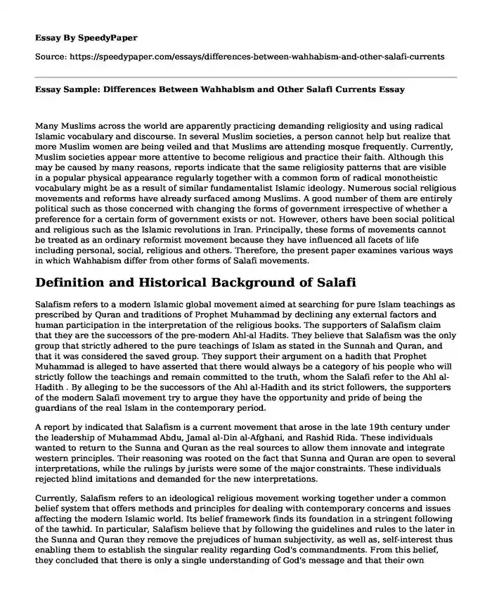 Essay Sample: Differences Between Wahhabism and Other Salafi Currents