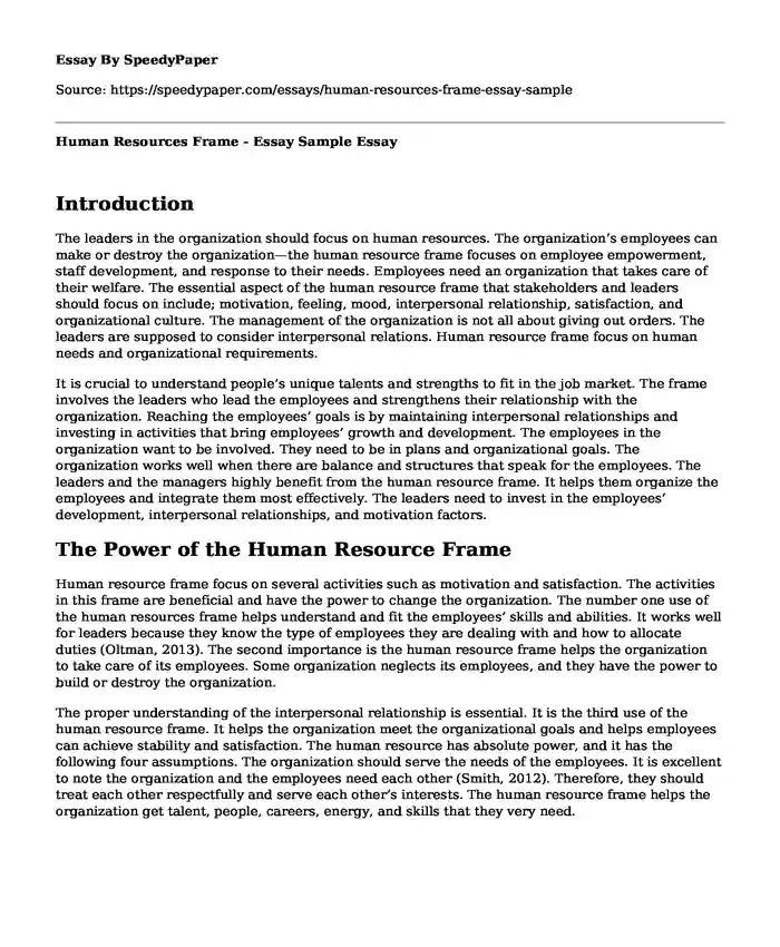 Human Resources Frame - Essay Sample