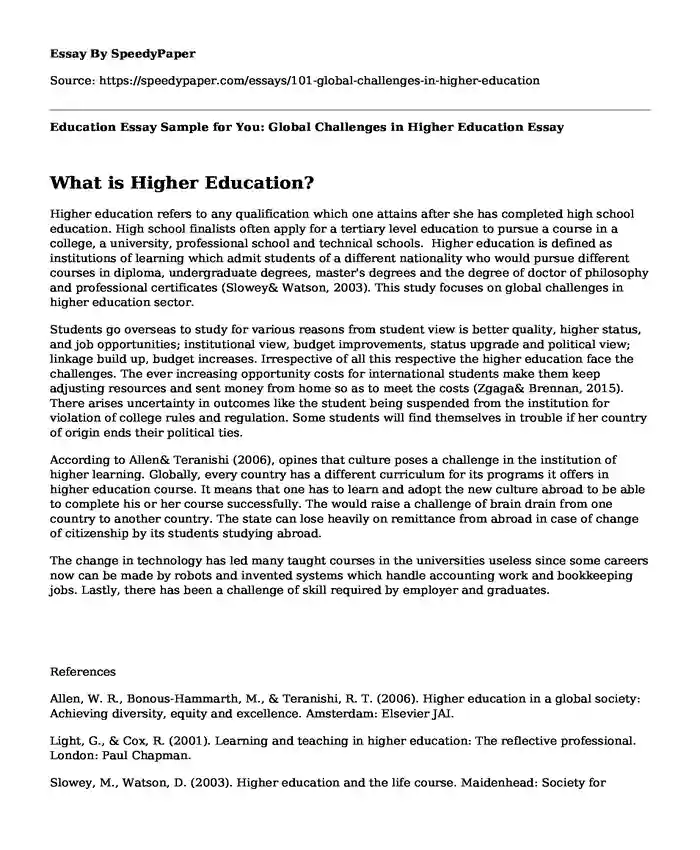 Education Essay Sample for You: Global Challenges in Higher Education