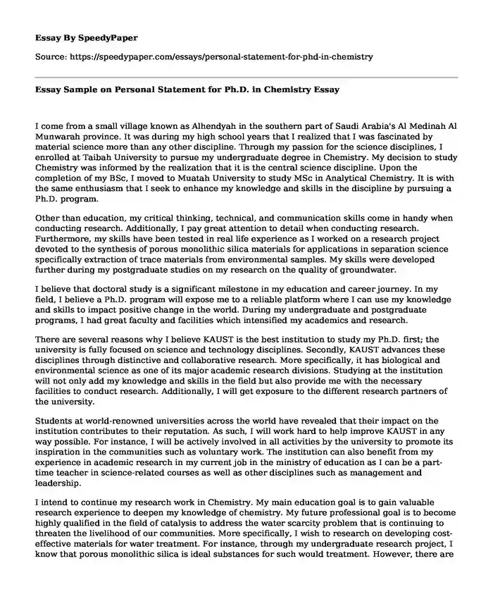 Essay Sample on Personal Statement for Ph.D. in Chemistry