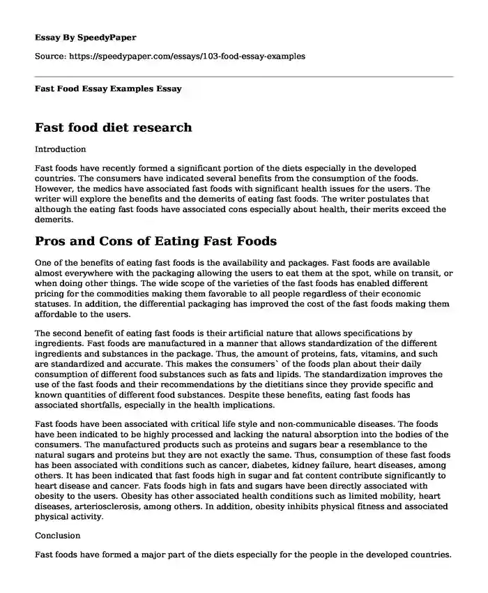 Fast Food Essay Examples