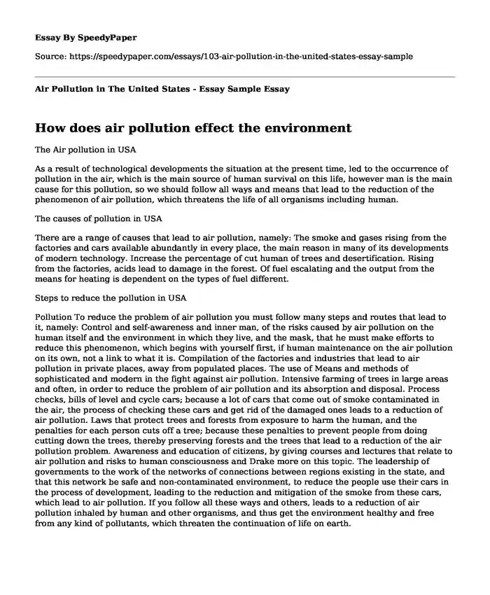 Air Pollution in The United States - Essay Sample