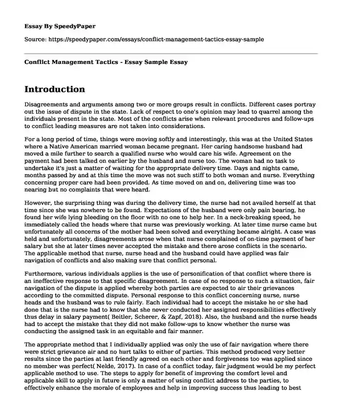 Conflict Management Tactics - Essay Sample