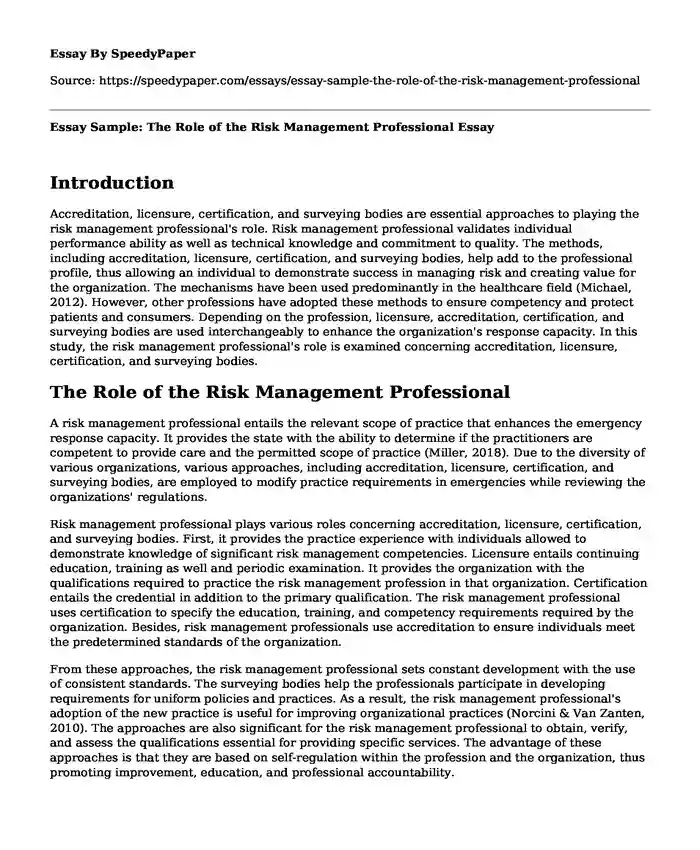 Essay Sample: The Role of the Risk Management Professional