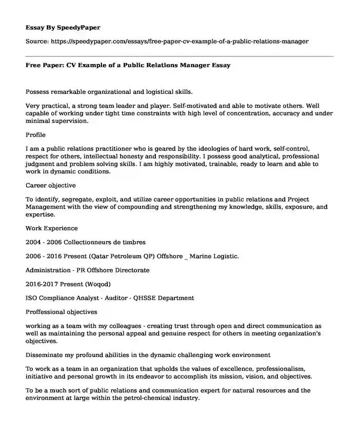 Free Paper: CV Example of a Public Relations Manager
