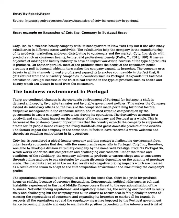 Essay example on Expansion of Coty Inc. Company in Portugal
