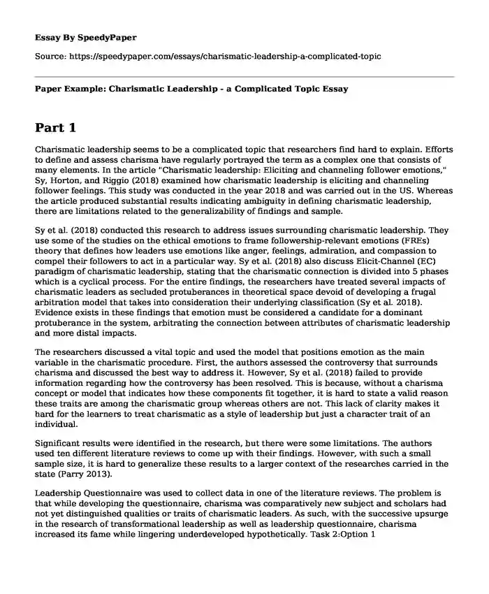 Paper Example: Charismatic Leadership - a Complicated Topic