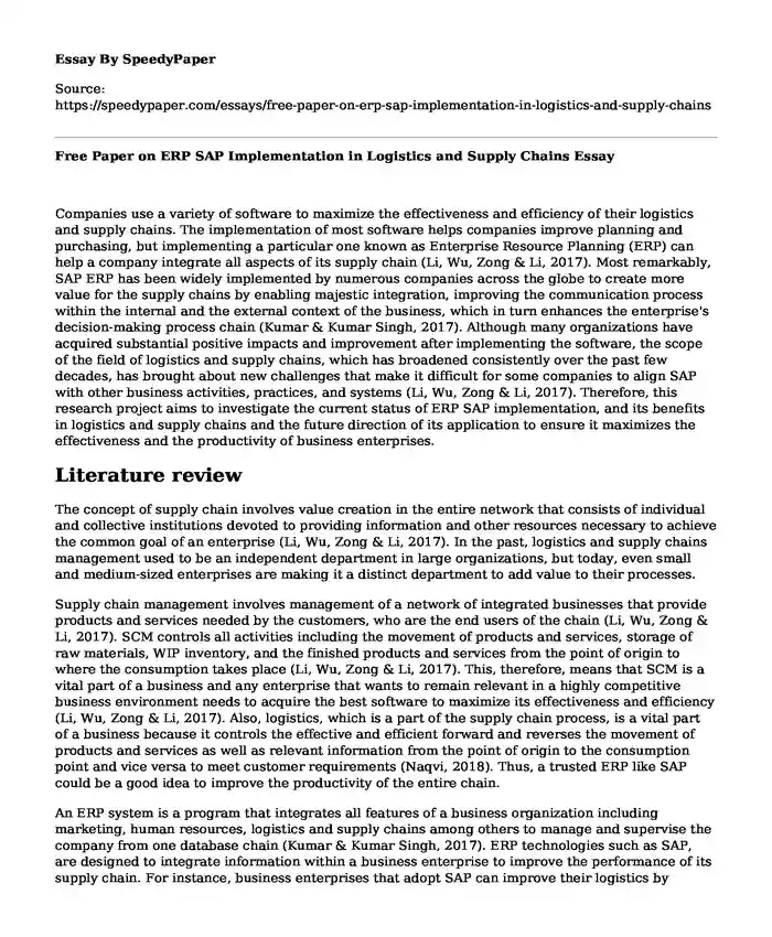 Free Paper on ERP SAP Implementation in Logistics and Supply Chains