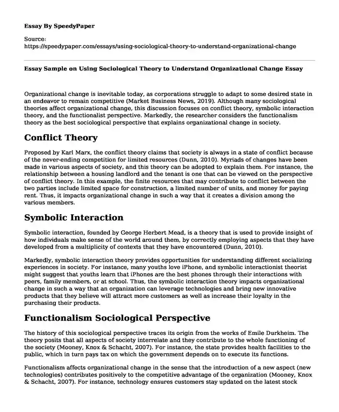 Essay Sample on Using Sociological Theory to Understand Organizational Change