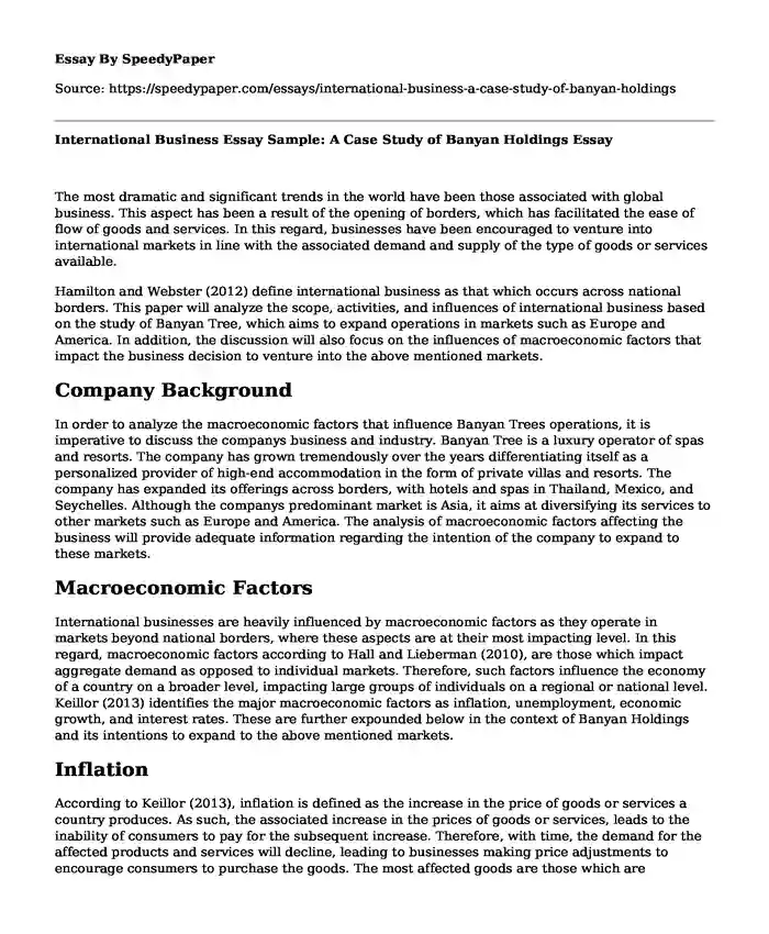 International Business Essay Sample: A Case Study of Banyan Holdings