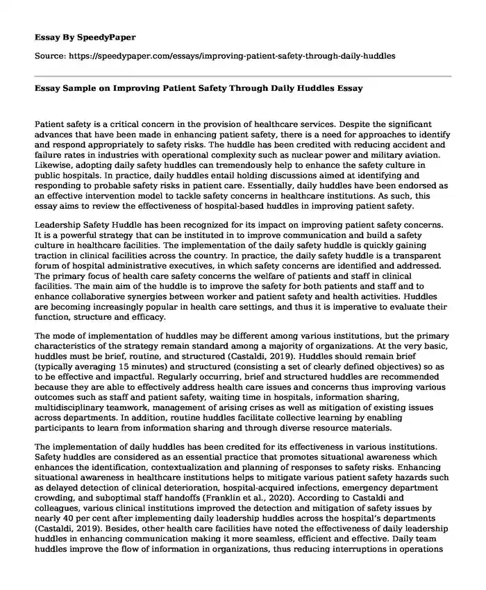 Essay Sample on Improving Patient Safety Through Daily Huddles