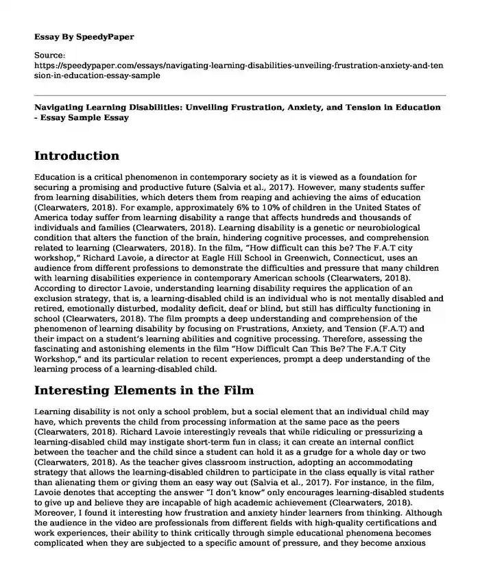 Navigating Learning Disabilities: Unveiling Frustration, Anxiety, and Tension in Education - Essay Sample